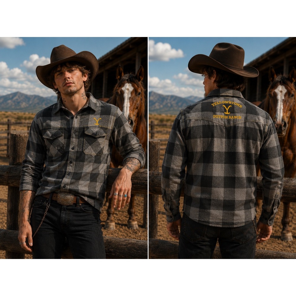 Yellowstone Dutton Ranch Mens Gray Black Plaid Flannel Shirt Logo Back Graphic